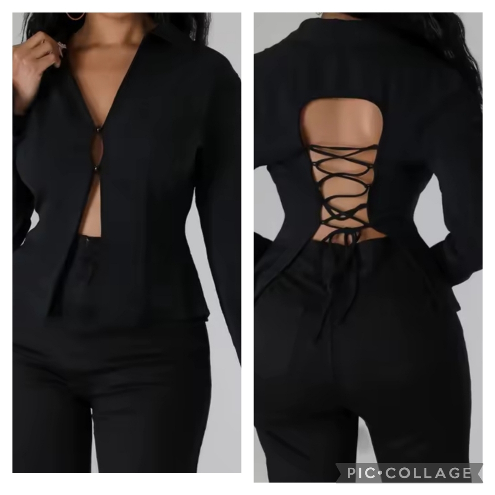 * Women's Fashion Laceup Backless Flare Long Sleeves Blouse Top Black Size XXL